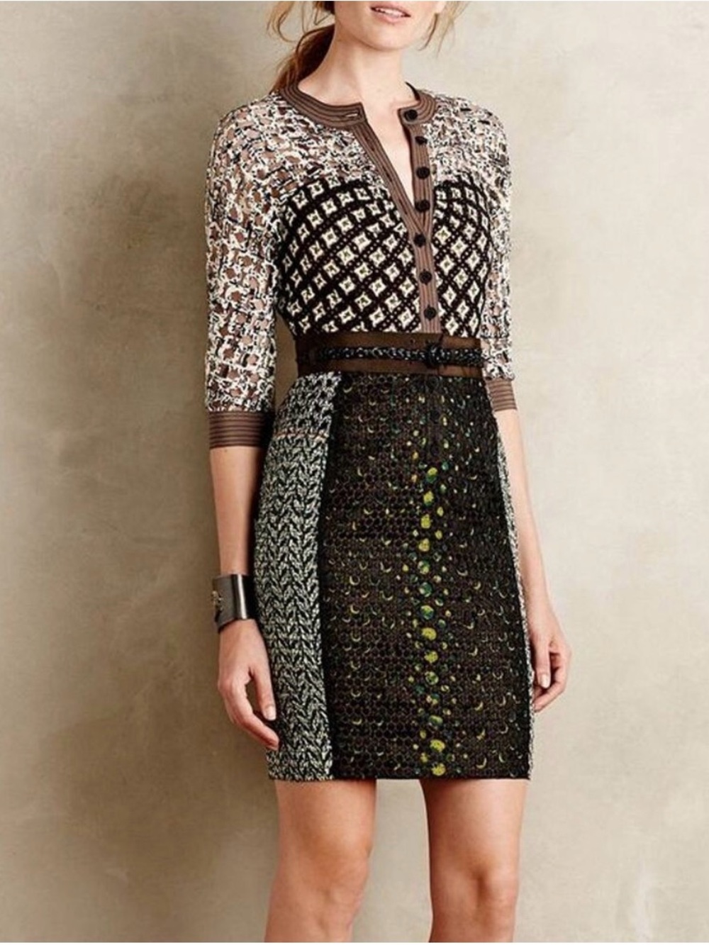 Beguile by Byron Lars Patchwork Laser Cut Dress in Black, Brown, Green and Cream